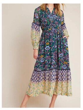 Maeve by Anthropologie Floral Long Sleeve V-Neck Maxi Dress